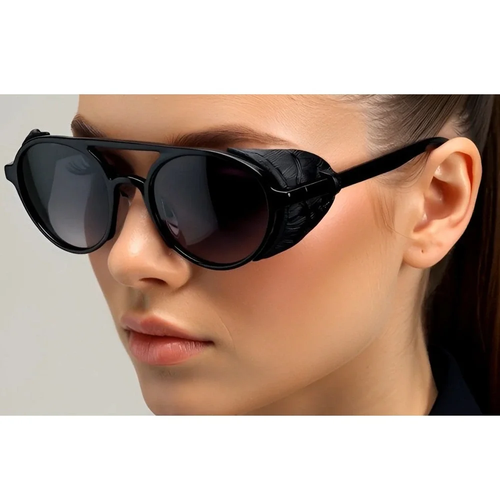 Aviator Sunglasses‎ Steampunk Style Side Shield Black Lens Fashion Shades Retro